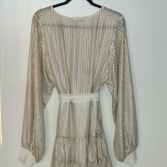 ASOS Champagne Gold/Platinum Metallic Sequins Belted Long Sleeve Wrap Dress - Picture 14 of 15